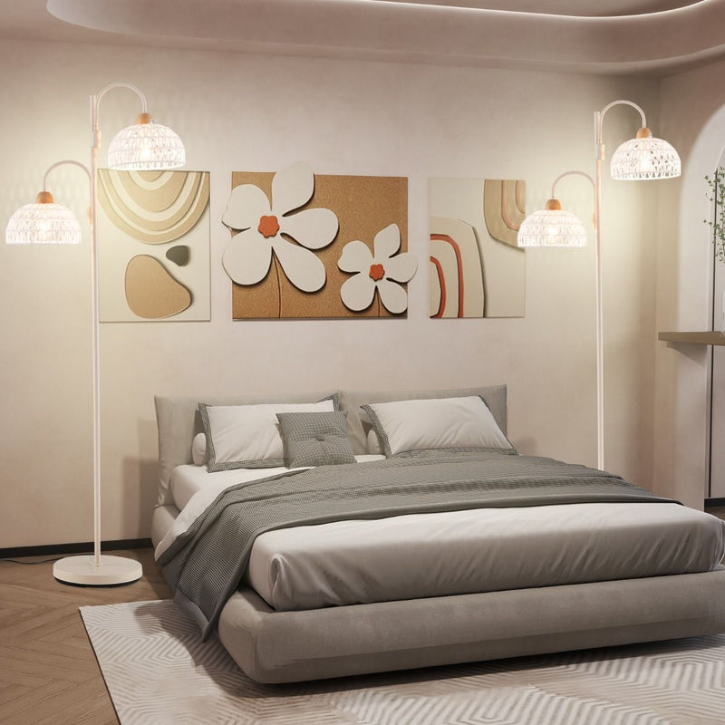 Lampadaire À 2 Lampes Lampe Arbre Rotative À 350° Avec Interrupteur Au Pied Abat-Jours Tissés Et 2 Bases D'Ampoules E27 Base Lourde Blanc